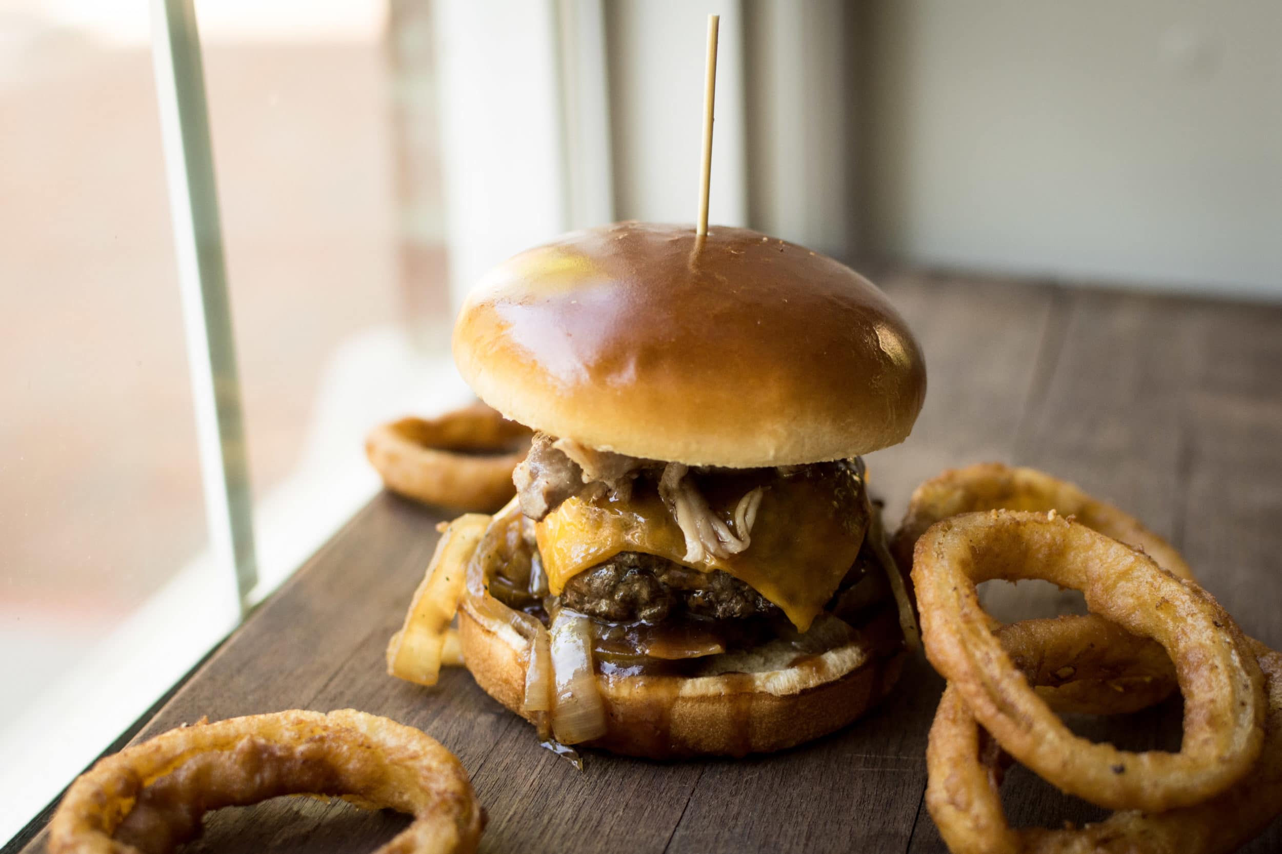 blended mushroom burger with onion rings